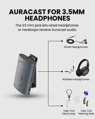 AuraClip Auracast receiver for Public venue supporting 3.5 mm AUX output for wired headphones, neck loops, and T-coil Auracast.