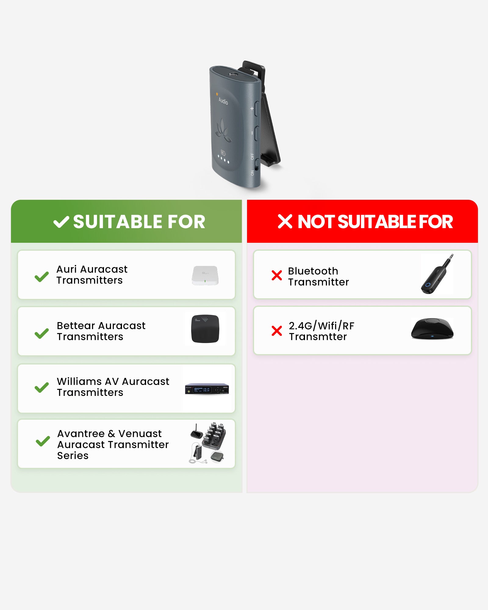 AuraClip Auracast Receiver for public venues, compatible with Auracast transmitters from Auri, Bettear, Williams AV, and Avantree.