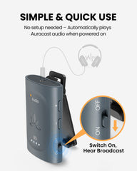 AuraClip Auracast Receiver for Public Venues, no pairing required. Automatic plays auracast audio