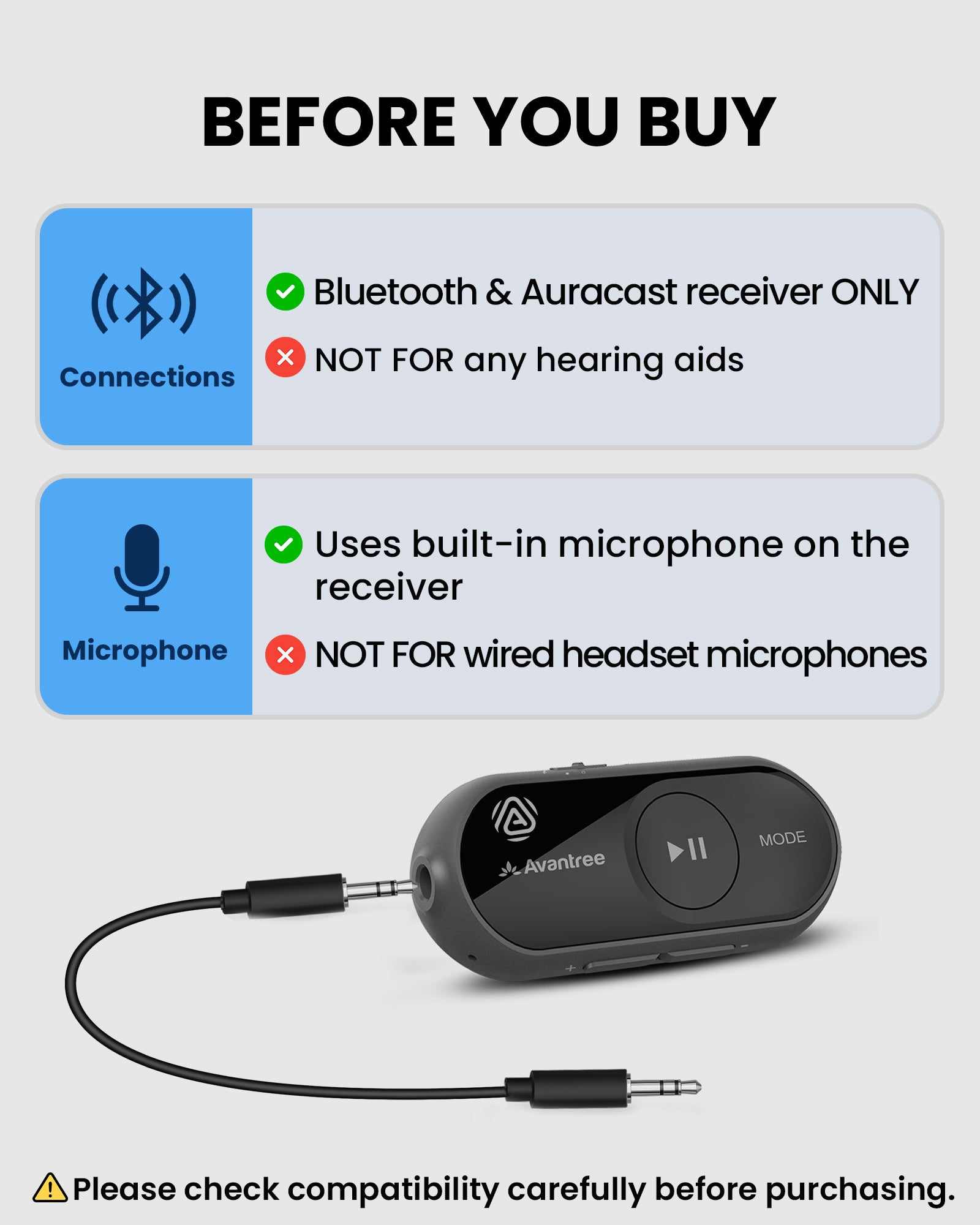 AuraGo (AS70P) LE Audio Bluetooth Adapter for Headphones, Bluetooth and Auracast receiver using a built-in microphone, not compatible with wired headset microphones.