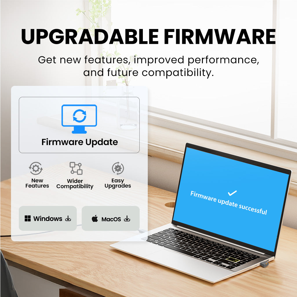 AuraGo (AS70P) LE Audio Bluetooth Adapter for Headphones, features upgradable firmware for new features, improved performance, and future compatibility.