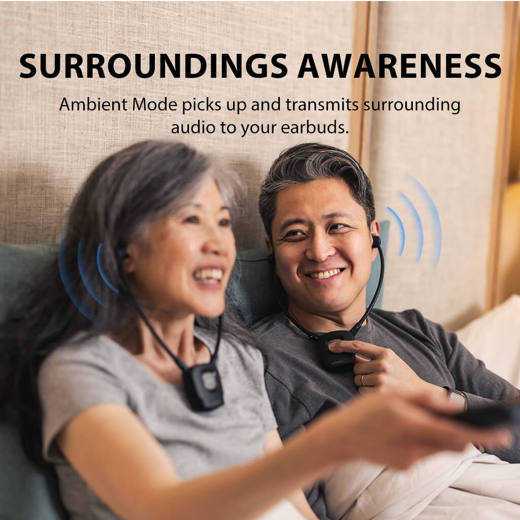HT3831 Wireless TV Headphones for seniors and group listening, 2.4GHz connection, featuring Ambient Mode to hear voices and surroundings while watching TV safely.