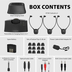 HT3831 Wireless TV Headphones for seniors and group listening, 2.4GHz connection. Includes transmitter, headphones, earbuds, spare battery, and charging cable included.