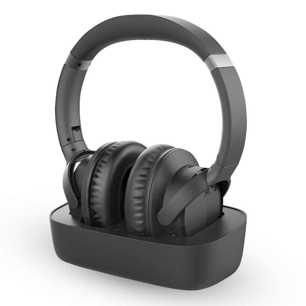 Ensemble Wireless TV Headphones with transmitter and charging base, compatible with TVs optical or 3.5 mm AUX output; soundbar passthrough setups not supported.