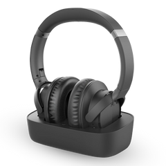Ensemble Wireless TV Headphones with transmitter and charging base, compatible with TVs optical or 3.5 mm AUX output; soundbar passthrough setups not supported.