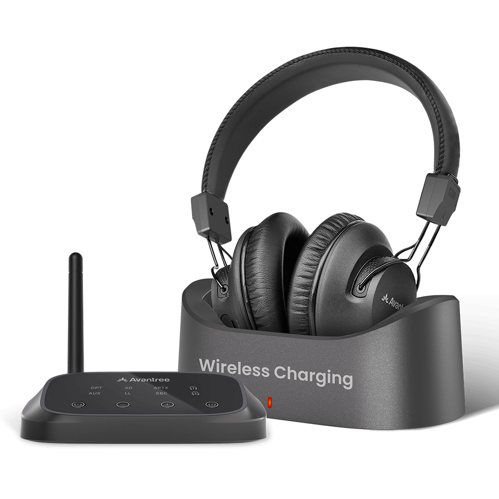 HT5009 Plus Wireless TV Headphones with clearer voice for shared spaces and seniors, supporting optical and AUX inputs with soundbar passthrough.