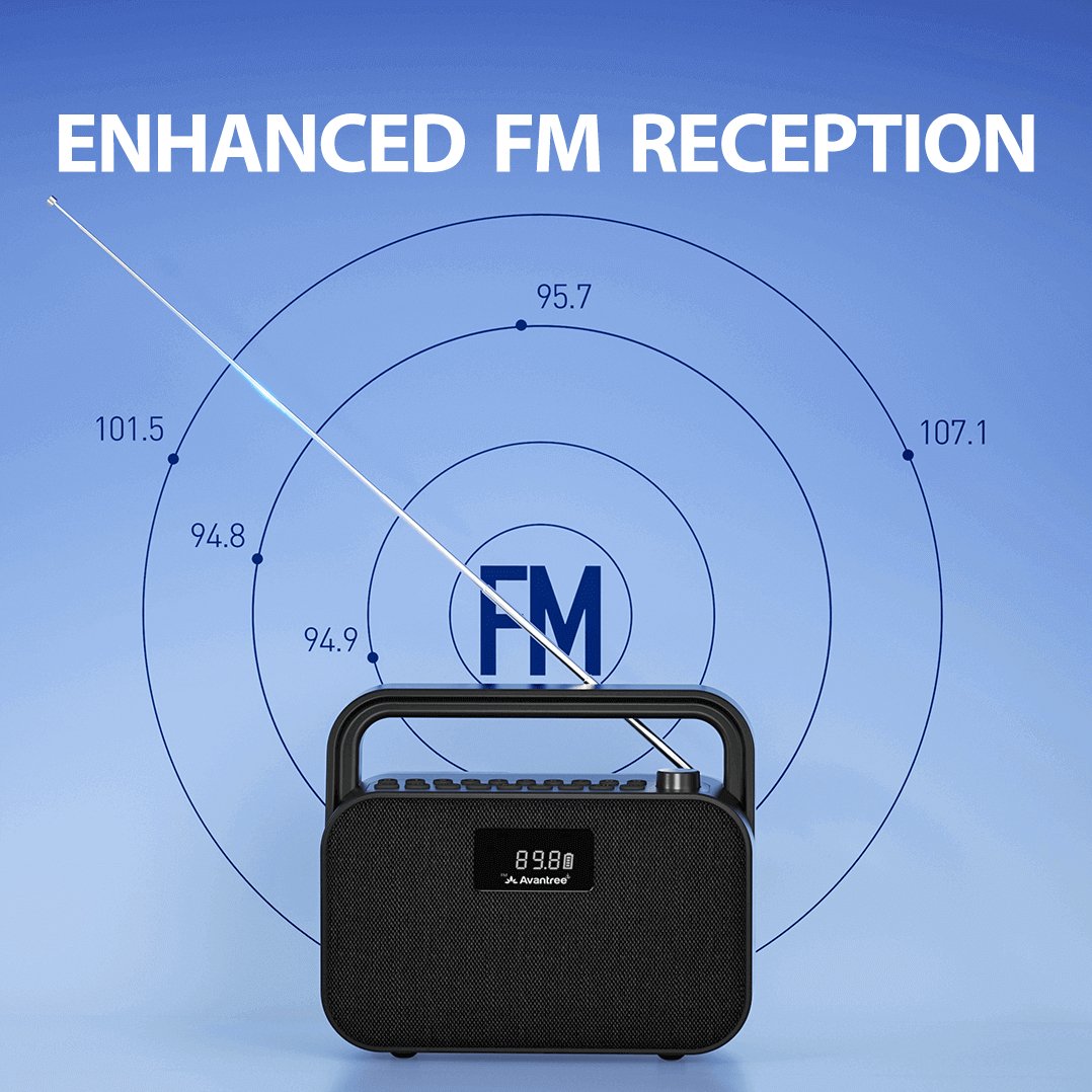 PowerByte Portable Bluetooth Radio Speaker, clear FM reception with extended antenna for enhance, uninterrupted, clear radio listening.