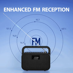PowerByte Portable Bluetooth Radio Speaker, clear FM reception with extended antenna for enhance, uninterrupted, clear radio listening.