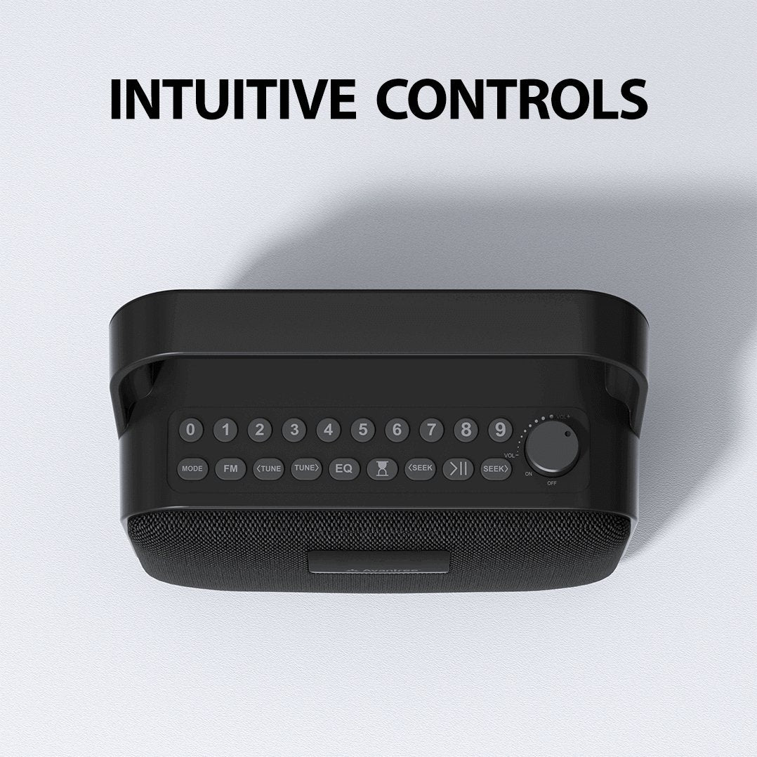 PowerByte Portable Bluetooth Radio Speaker with intuitive controls, large knob, LCD screen, and labeled buttons for easy FM use.