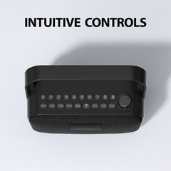 PowerByte Portable Bluetooth Radio Speaker with intuitive controls, large knob, LCD screen, and labeled buttons for easy FM use.