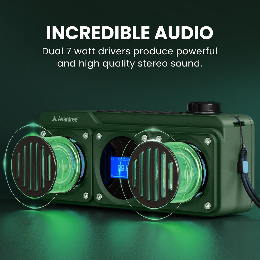 Boombyte Portable Digital FM Radio with Bluetooth Speaker. Features dual 7W drivers delivering high-quality stereo sound.