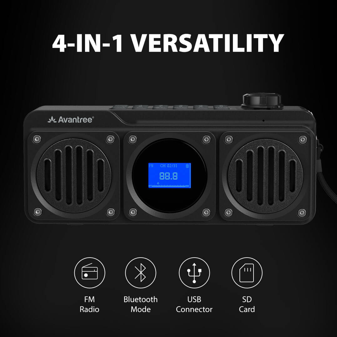 Boombyte Portable Digital FM Radio with Bluetooth Speaker, 4-in-1 functionality with FM radio, Bluetooth, USB, and SD card playback.