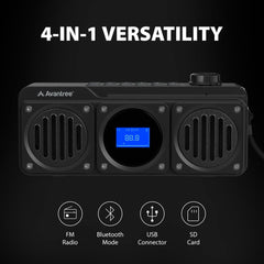 Boombyte Portable Digital FM Radio with Bluetooth Speaker, 4-in-1 functionality with FM radio, Bluetooth, USB, and SD card playback.