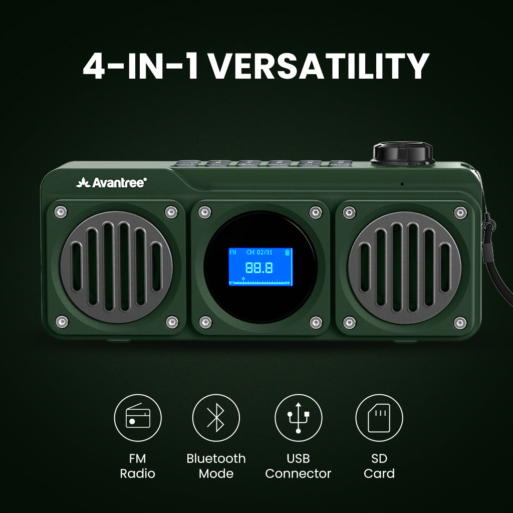 Boombyte Portable Digital FM Radio with Bluetooth Speaker, 4-in-1 functionality with FM radio, Bluetooth, USB, and SD card playback.