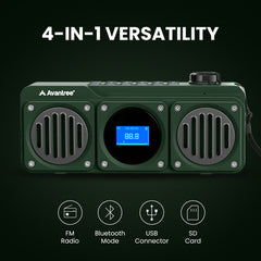 Boombyte Portable Digital FM Radio with Bluetooth Speaker, 4-in-1 functionality with FM radio, Bluetooth, USB, and SD card playback.