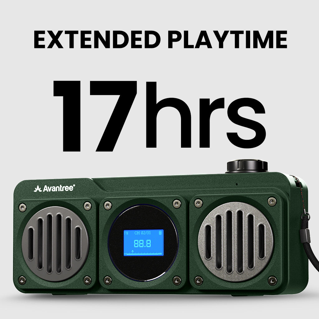 Boombyte Portable Digital FM Radio with Bluetooth Speaker, up to 17 hours extended playtime.