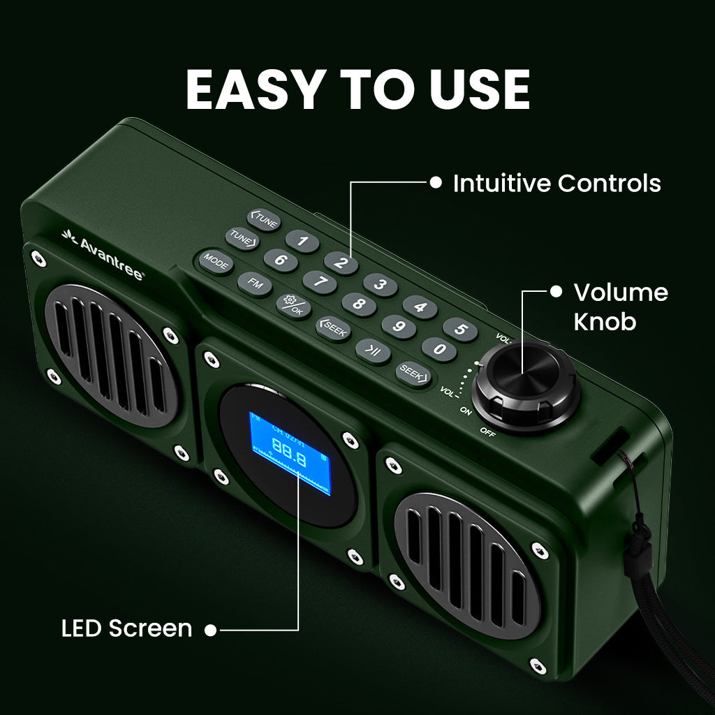 Boombyte Portable Digital FM Radio with Bluetooth Speaker, intuitive controls, large knob, LCD screen, and labeled buttons for easy FM tuning and playback.
