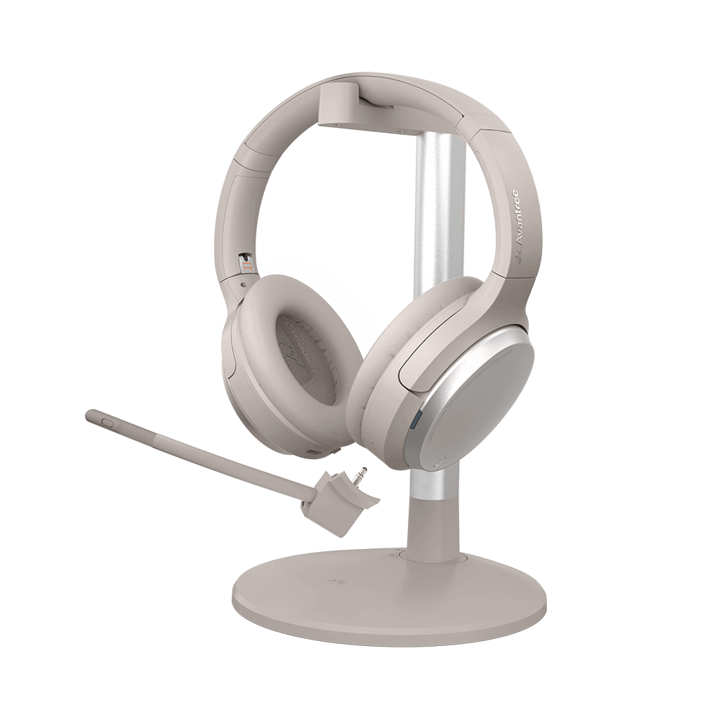 Eon Wireless noise-canceling headphones with detachable boom mic, supporting wired and wireless modes for home, travel, calls, and music use.