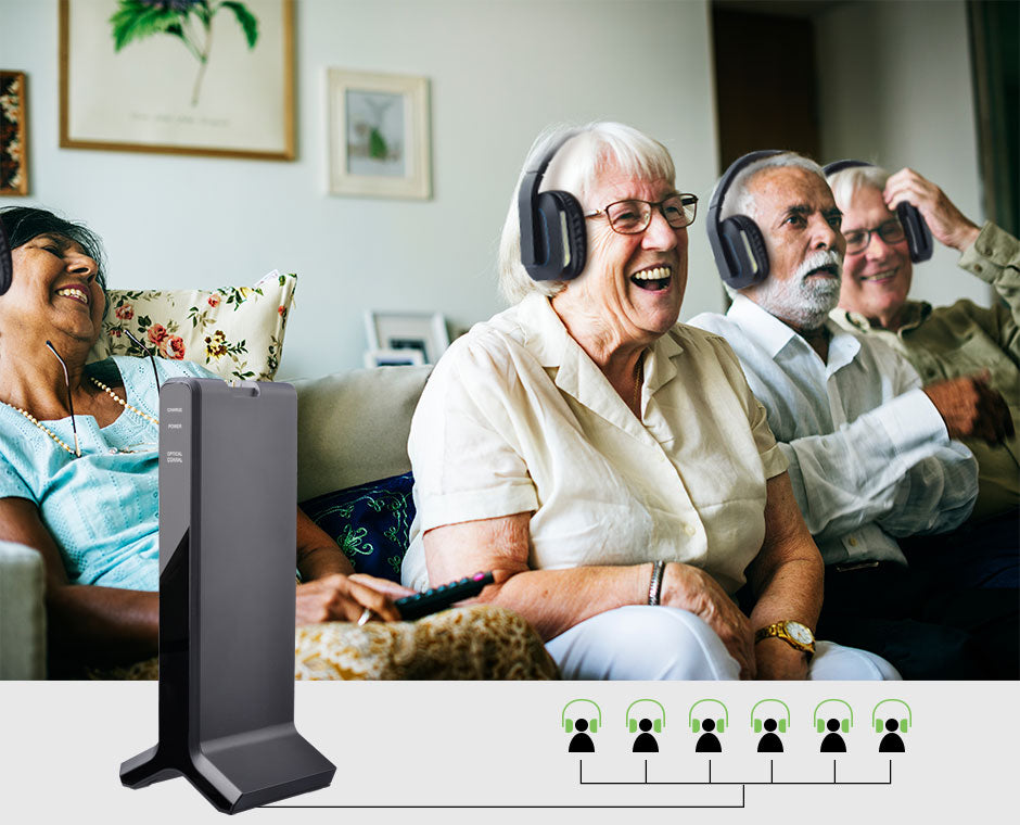 HT280 Wireless TV Headphones for Seniors, supports up to 100 headphones for group listening with additional sets.