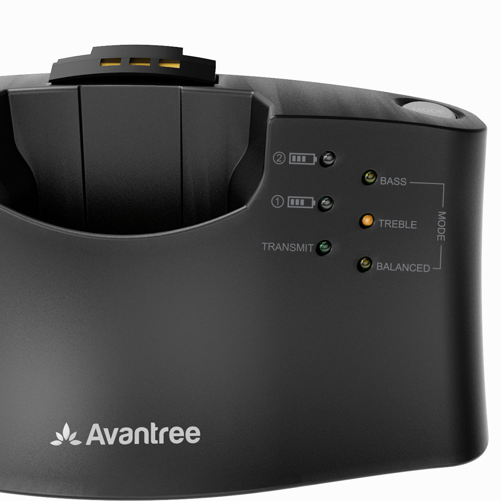 HT380 Wireless Headphones for Hearing-Impaired Seniors, features Bass, Treble, and Balanced EQ modes with LED battery indicator.