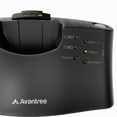 HT380 Wireless Headphones for Hearing-Impaired Seniors, features Bass, Treble, and Balanced EQ modes with LED battery indicator.