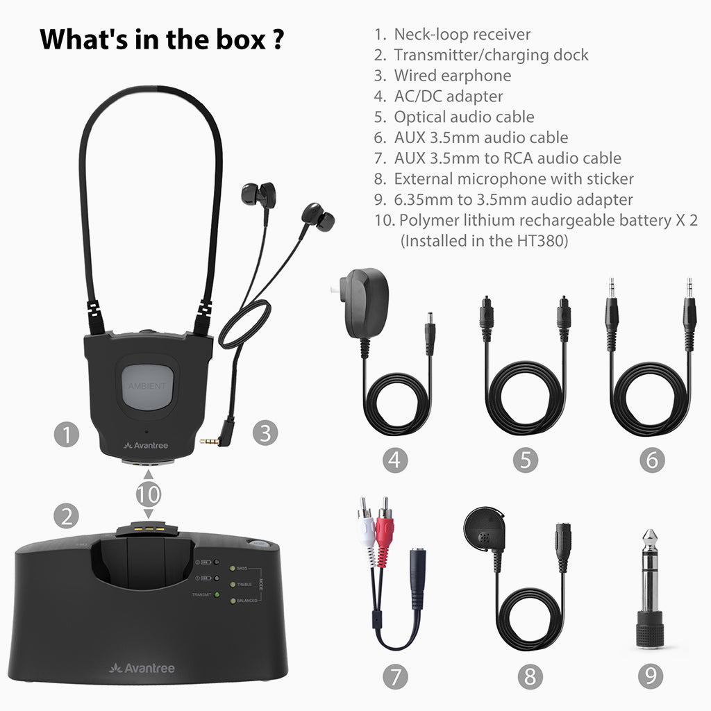 HT380 Wireless Headphones for Hearing-Impaired Seniors, includes neckloop receiver, transmitter charging dock, and setup accessories.