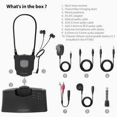 HT380 Wireless Headphones for Hearing-Impaired Seniors, includes neckloop receiver, transmitter charging dock, and setup accessories.
