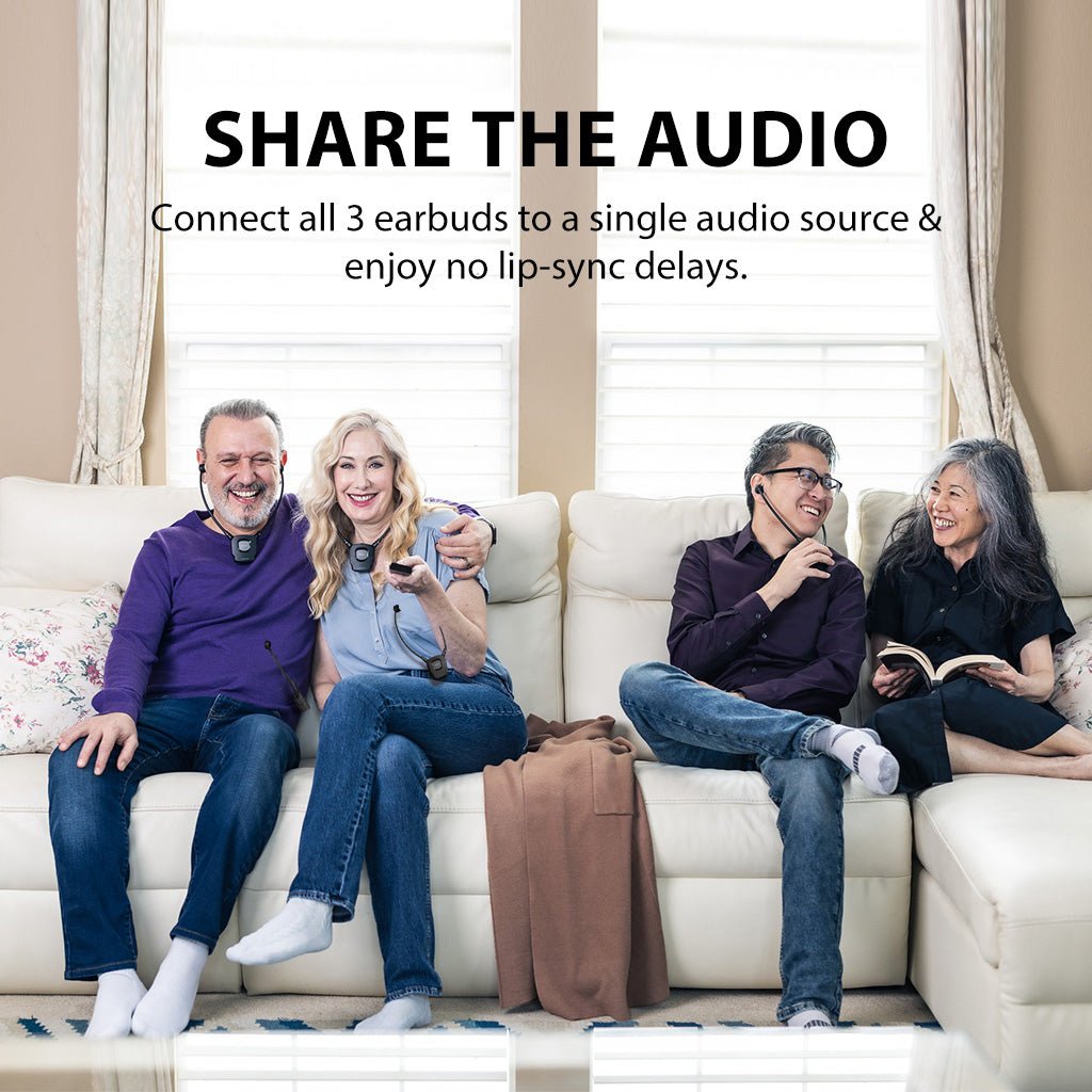 HT3831 Wireless TV Headphones for seniors and group listening, connects 3 headphones, expandable to 10, with no lip-sync delay.