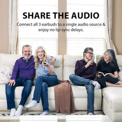 HT3831 Wireless TV Headphones for seniors and group listening, connects 3 headphones, expandable to 10, with no lip-sync delay.