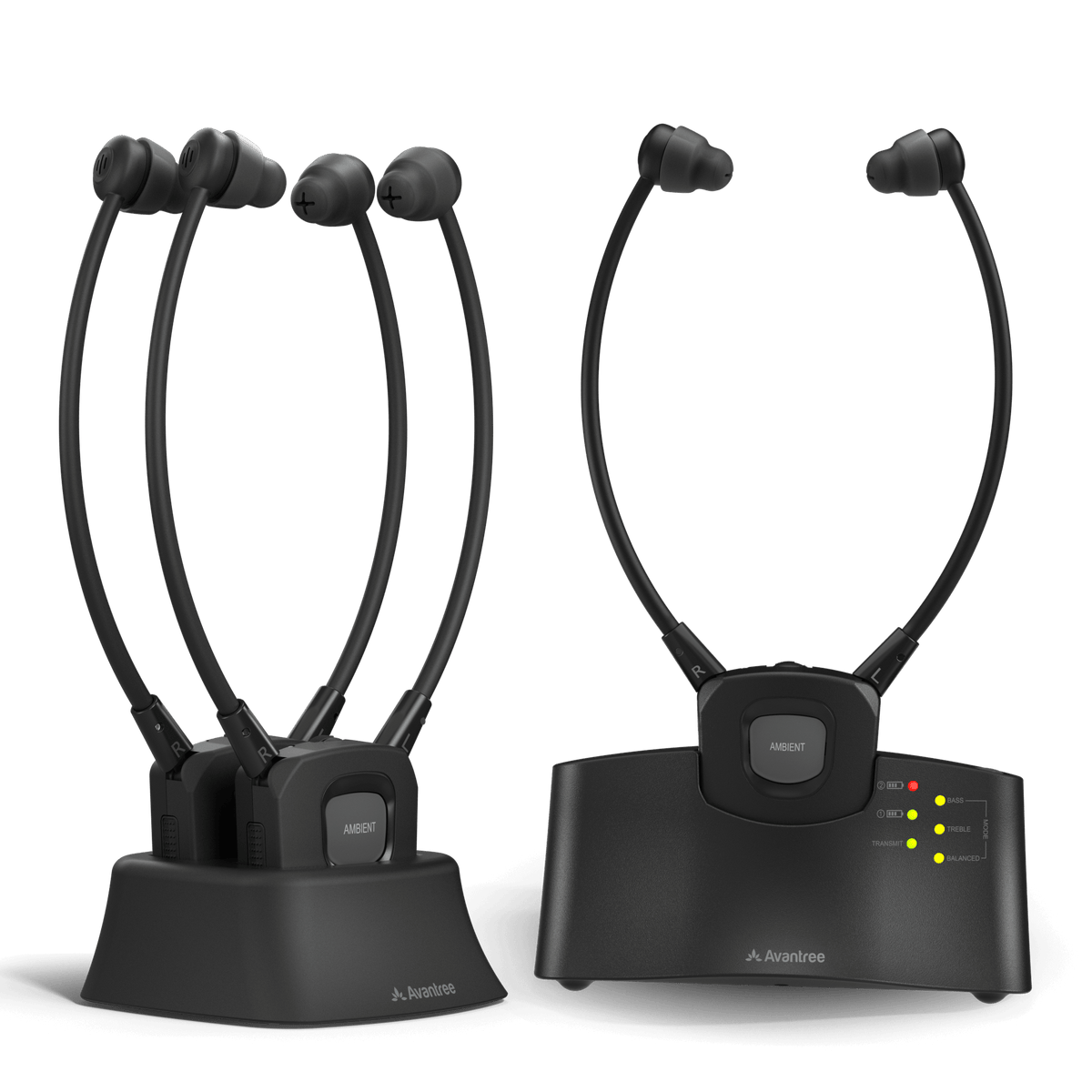 HT3831 Wireless TV Headphones for seniors and group listening, featuring Ambient Mode, with individual volume and L/R balance control.