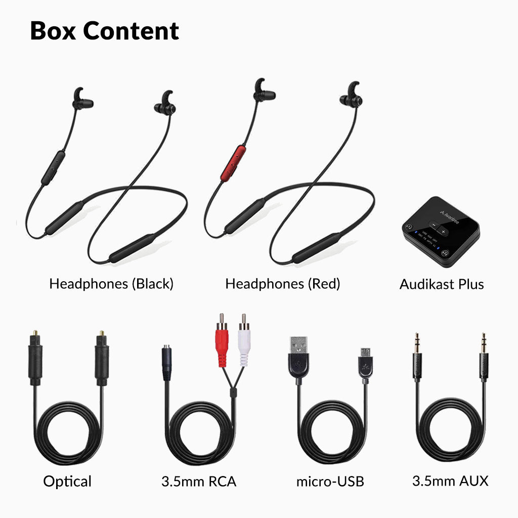 HT4186 Wireless Earbuds for TV Watching, includes two earbuds, one transmitter, and setup cables and accessories.