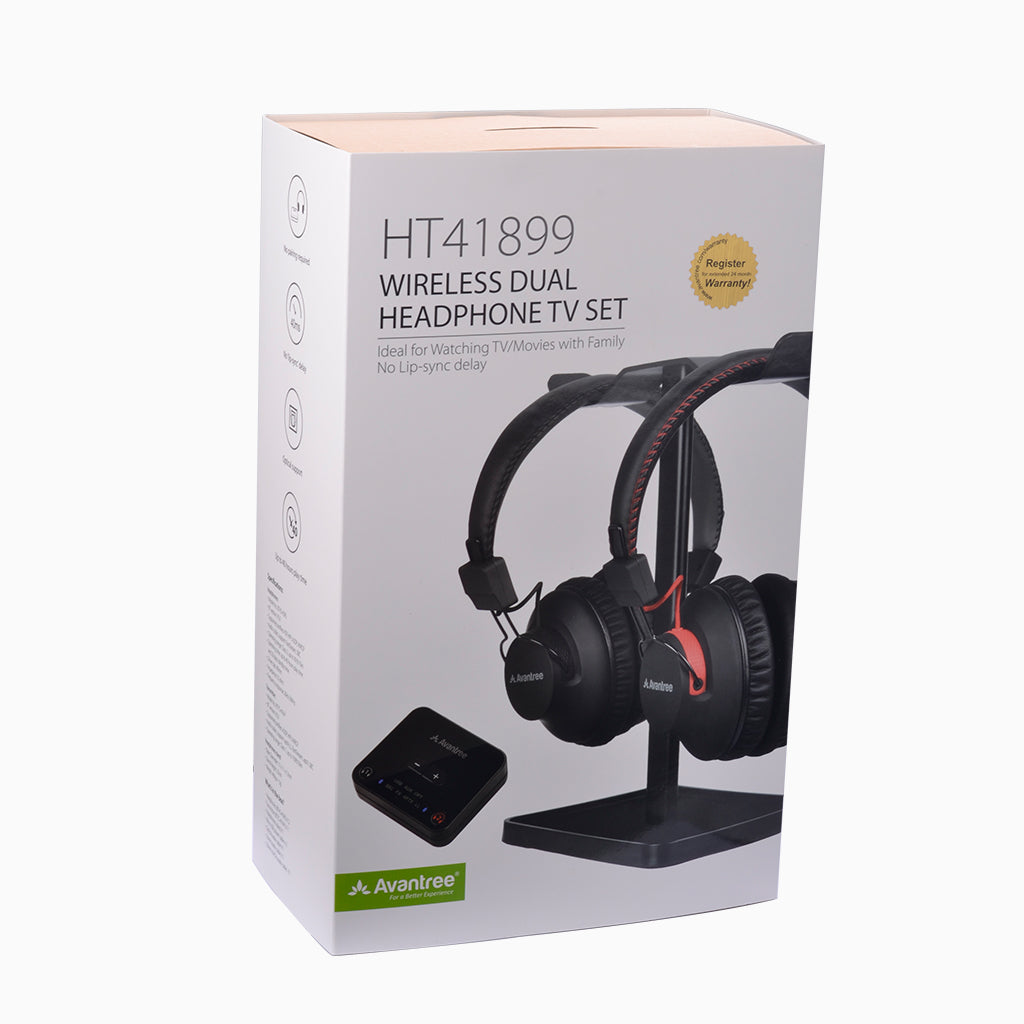 HT41899 Dual Headphone TV Set for seniors and group listening, includes 2 headphones, transmitter, charging stand, and setup cables.