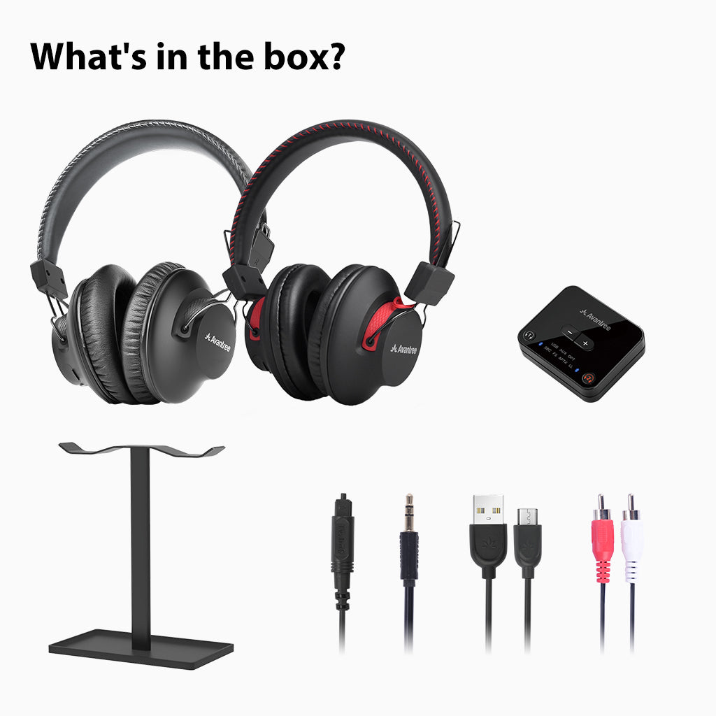 HT41899 Dual Headphone TV Set for seniors and group listening, includes 2 headphones, transmitter, charging stand, and setup cables.