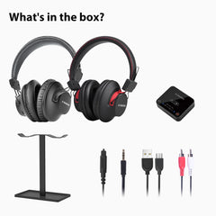 HT41899 Dual Headphone TV Set for seniors and group listening, includes 2 headphones, transmitter, charging stand, and setup cables.