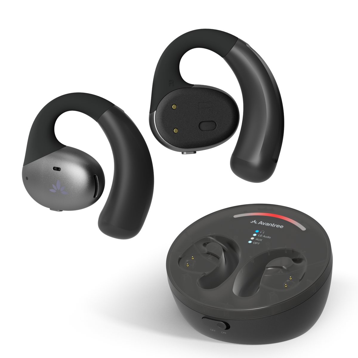 Medley Pebble Open-Ear Wireless TV earbuds, low-latency audio, with no lip-sync delay.