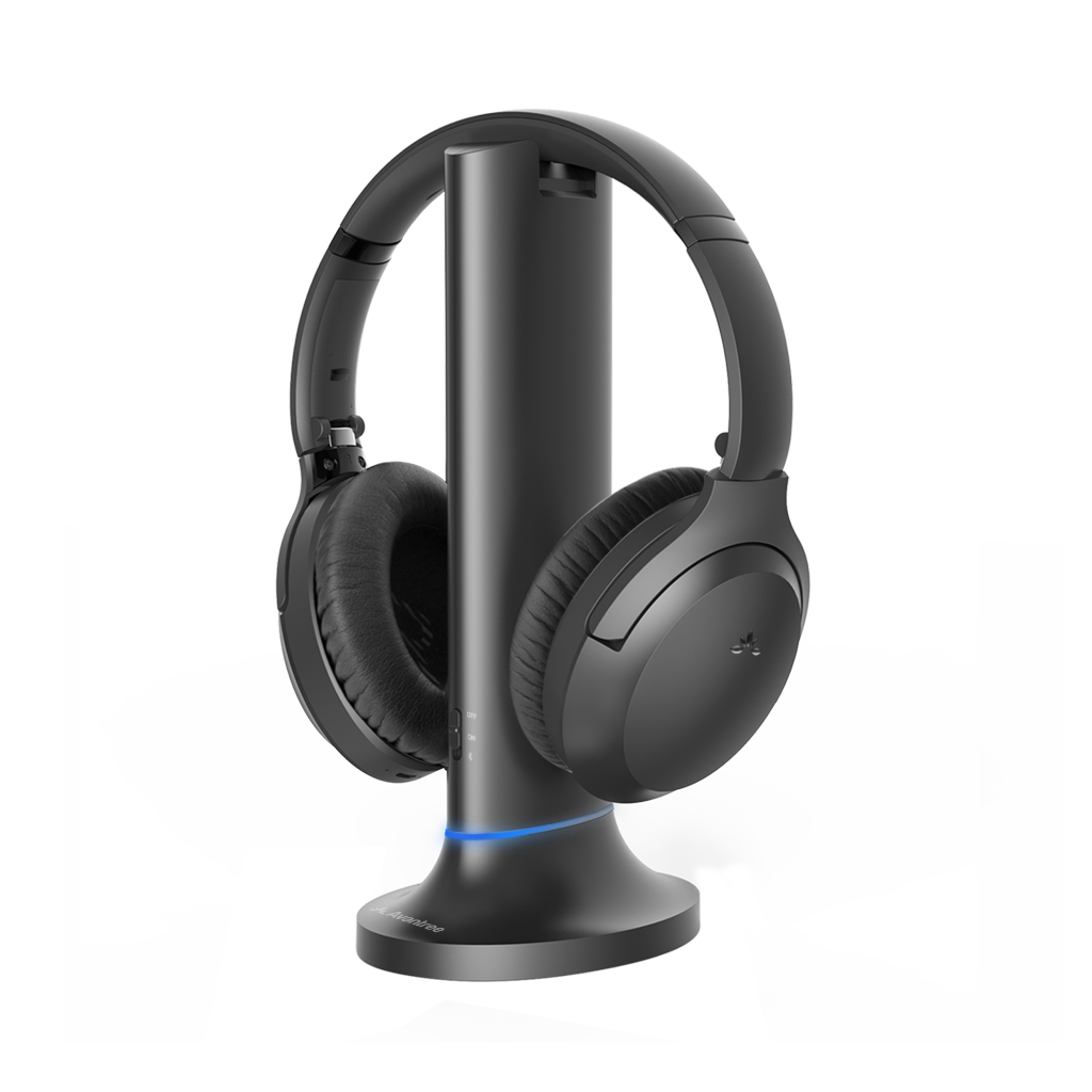 Opera Wireless Headphones for TV with transmitter and charging dock, supports optical and 3.5 mm AUX input with soundbar pass-through feature.