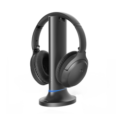 Opera Wireless Headphones for TV with transmitter and charging dock, supports optical and 3.5 mm AUX input with soundbar pass-through feature.
