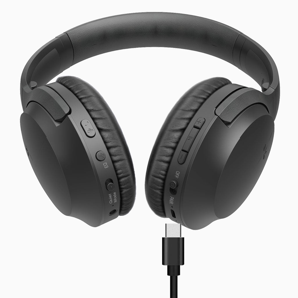 Opera Wireless TV Headphones with transmitter and charging dock, featuring independent volume control, on/off switch, EQ modes: Balanced and Clear Voice, with USB-C charging port.