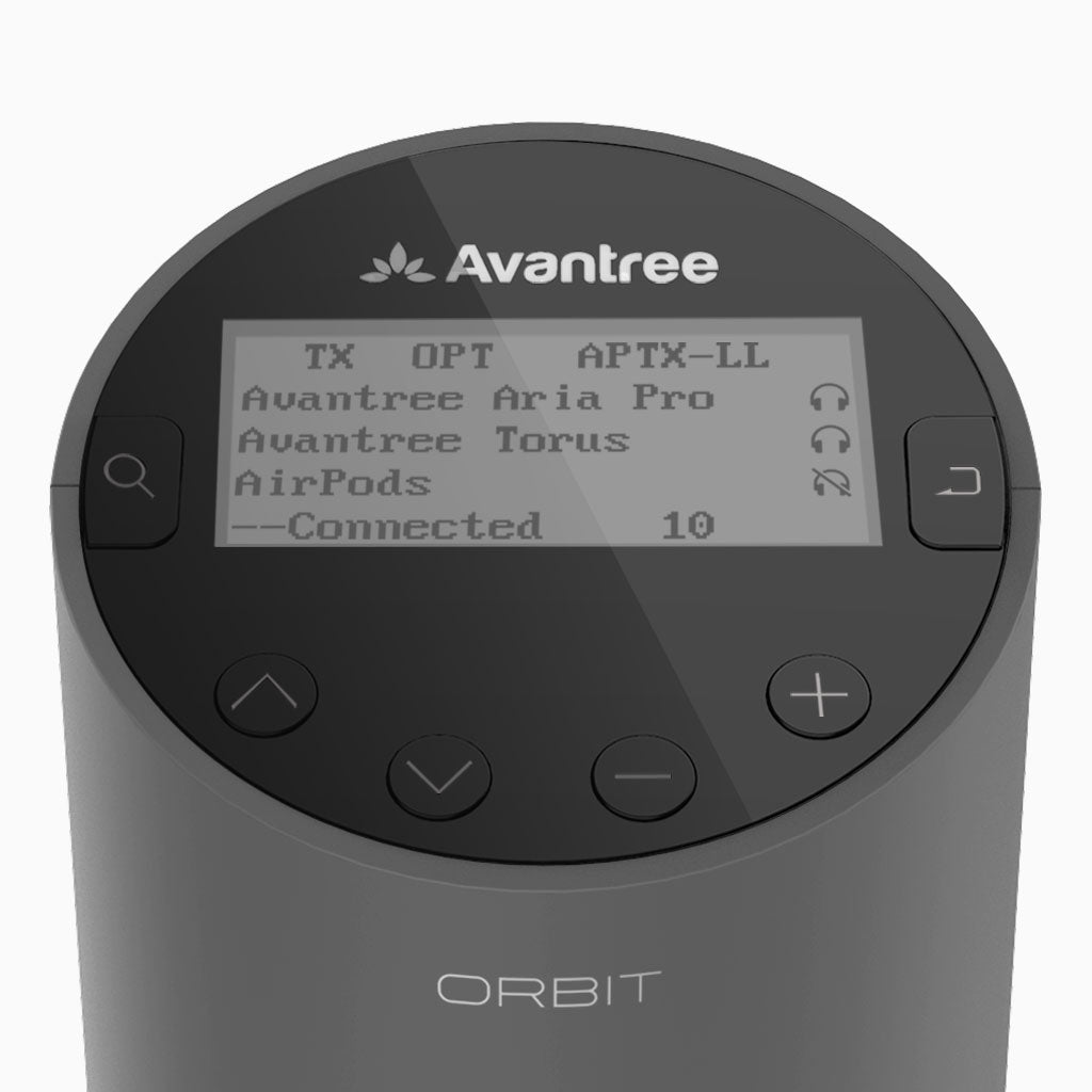 Orbit Bluetooth TV Transmitter with LCD Screen Display, LCD screen shows paired devices for easy pairing 