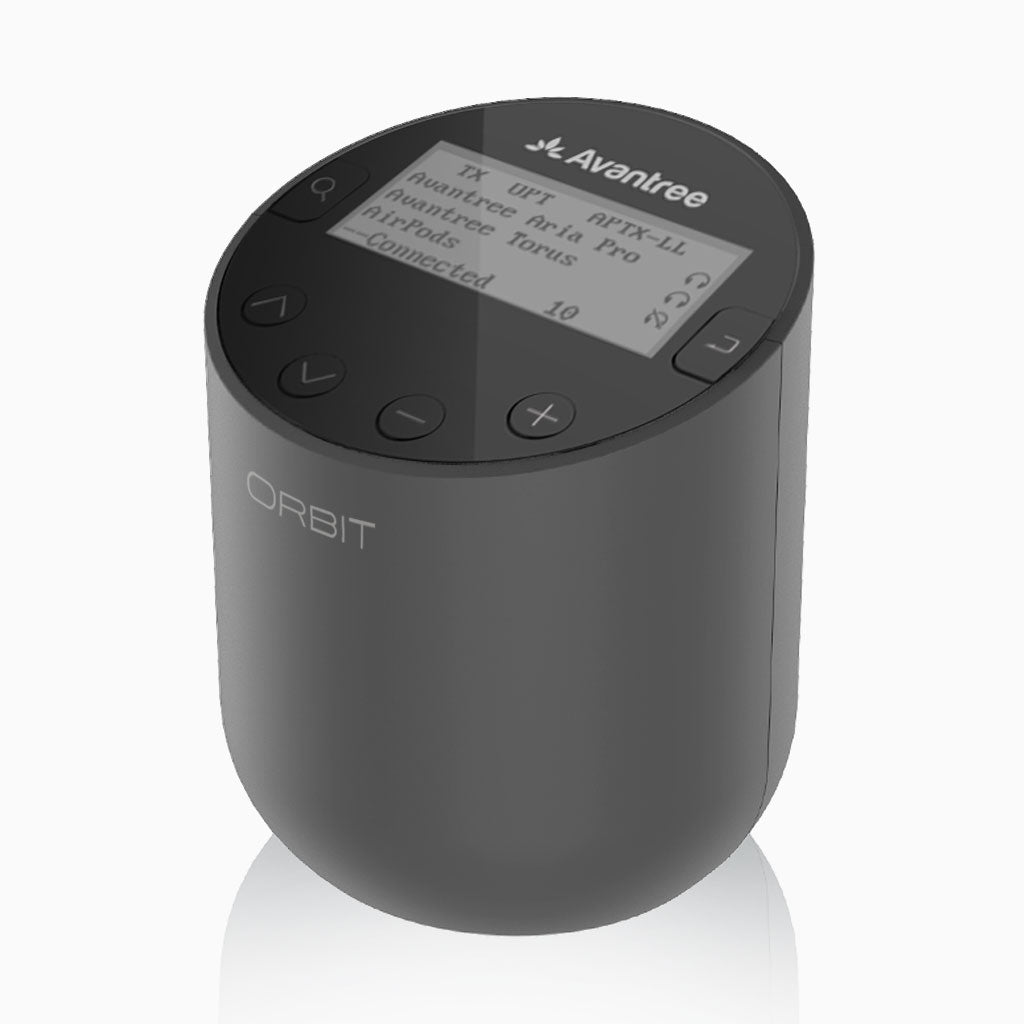 Orbit  Bluetooth TV Transmitter with LCD Screen Display, Soundbar & Stereo Simultaneous Output, Class 1 Long Range, aptX Low Latency, Connect to Two Headphones
