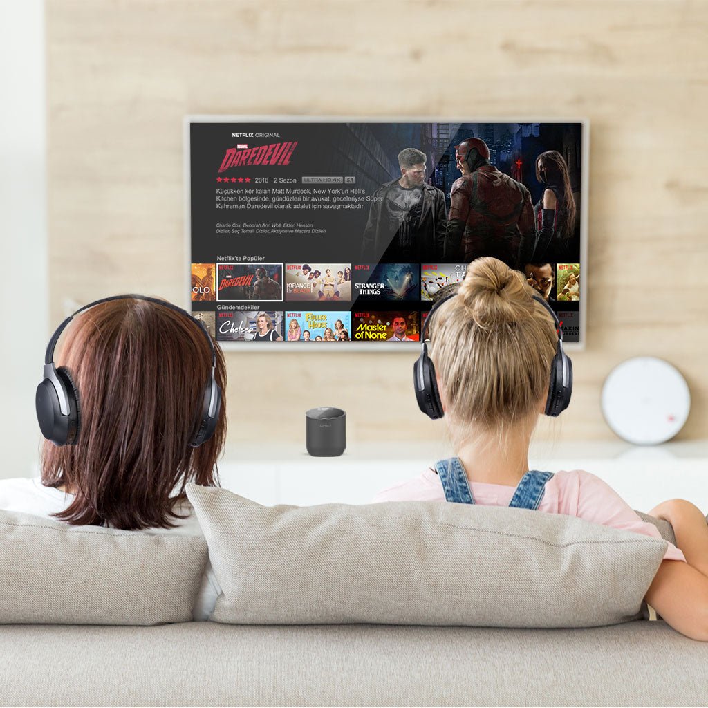 Orbit Bluetooth TV Transmitter with LCD Screen Display, connects two headphones simultaneously. No lip sync