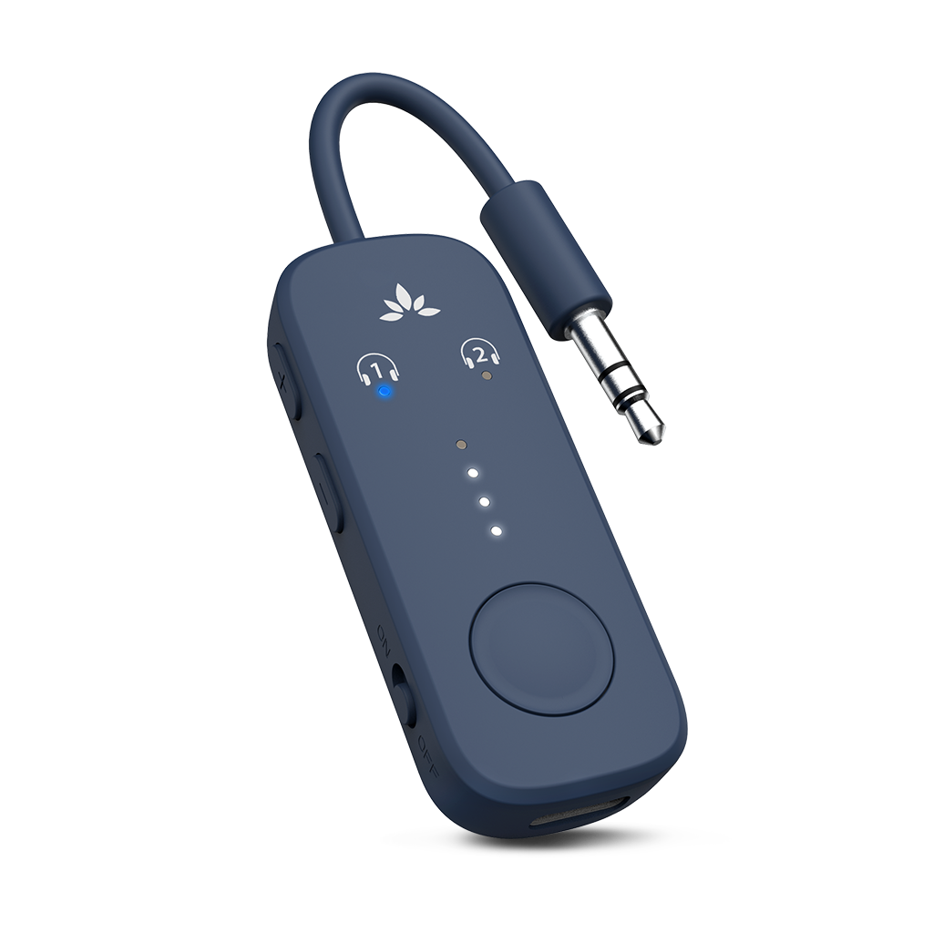 Relay Bluetooth Adapter for Airplanes, connects to airplane seatback screens via 3.5mm AUX and streams audio to Bluetooth headphones.