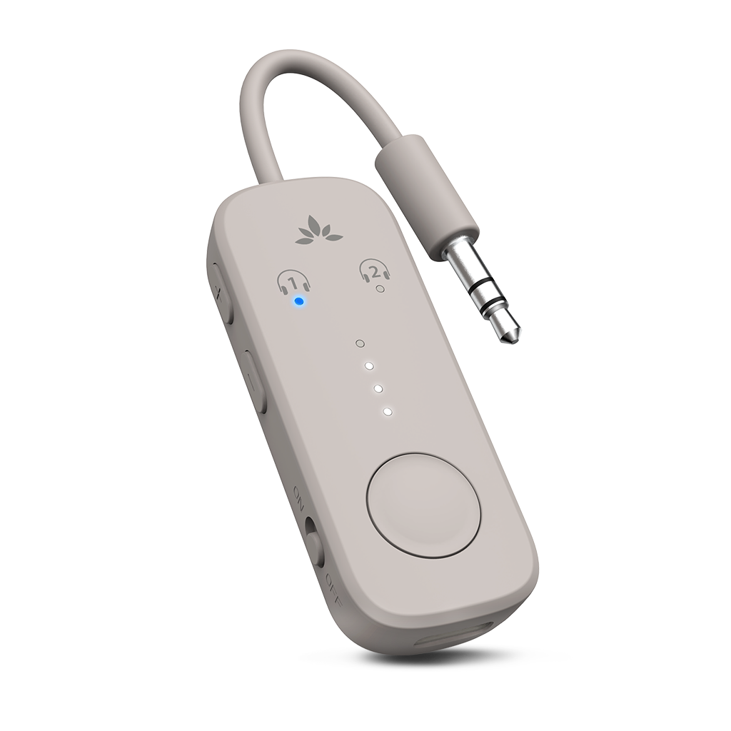 Relay Bluetooth Adapter for Airplanes, connects to airplane seatback screens via 3.5mm AUX and streams audio to Bluetooth headphones.