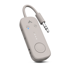 Relay Bluetooth Adapter for Airplanes, connects to airplane seatback screens via 3.5mm AUX and streams audio to Bluetooth headphones.