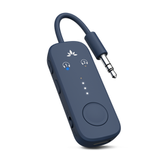 Relay Bluetooth Adapter for Airplanes, connects to airplane seatback screens via 3.5mm AUX and streams audio to Bluetooth headphones.