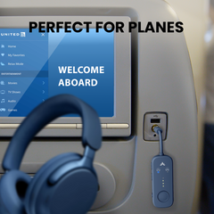 Relay Bluetooth Adapter for Airplanes, connects to airplane seatback screens via 3.5mm AUX and streams audio to Bluetooth headphones.