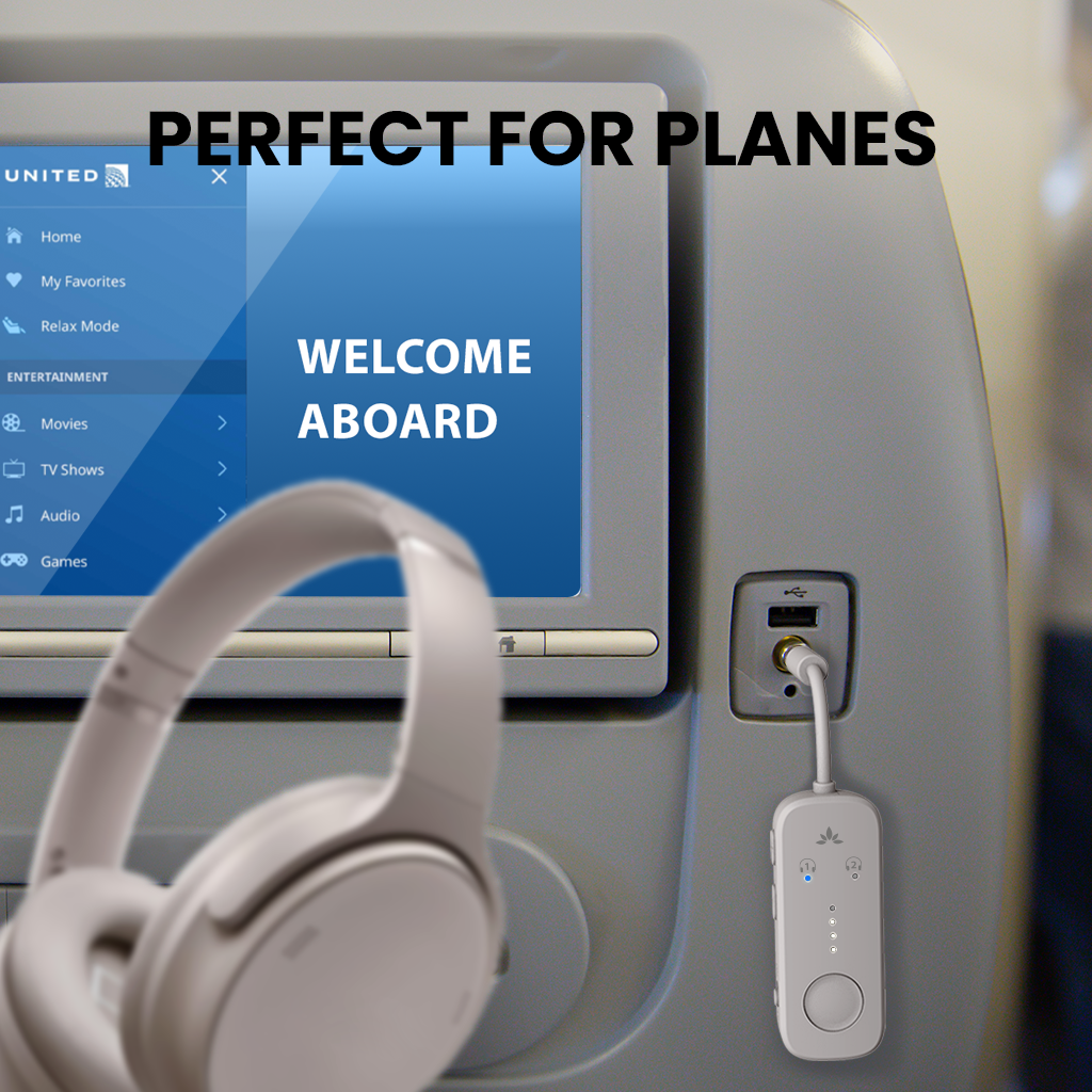 Relay Bluetooth Adapter for Airplanes, connects to airplane seatback screens via 3.5mm AUX and streams audio to Bluetooth headphones.