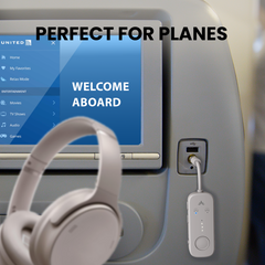 Relay Bluetooth Adapter for Airplanes, connects to airplane seatback screens via 3.5mm AUX and streams audio to Bluetooth headphones.