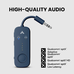 Relay Bluetooth Adapter for Airplanes, High quality audio with aptX Adaptive. LL, and aptX HD for clear, stable wireless audio on the go.