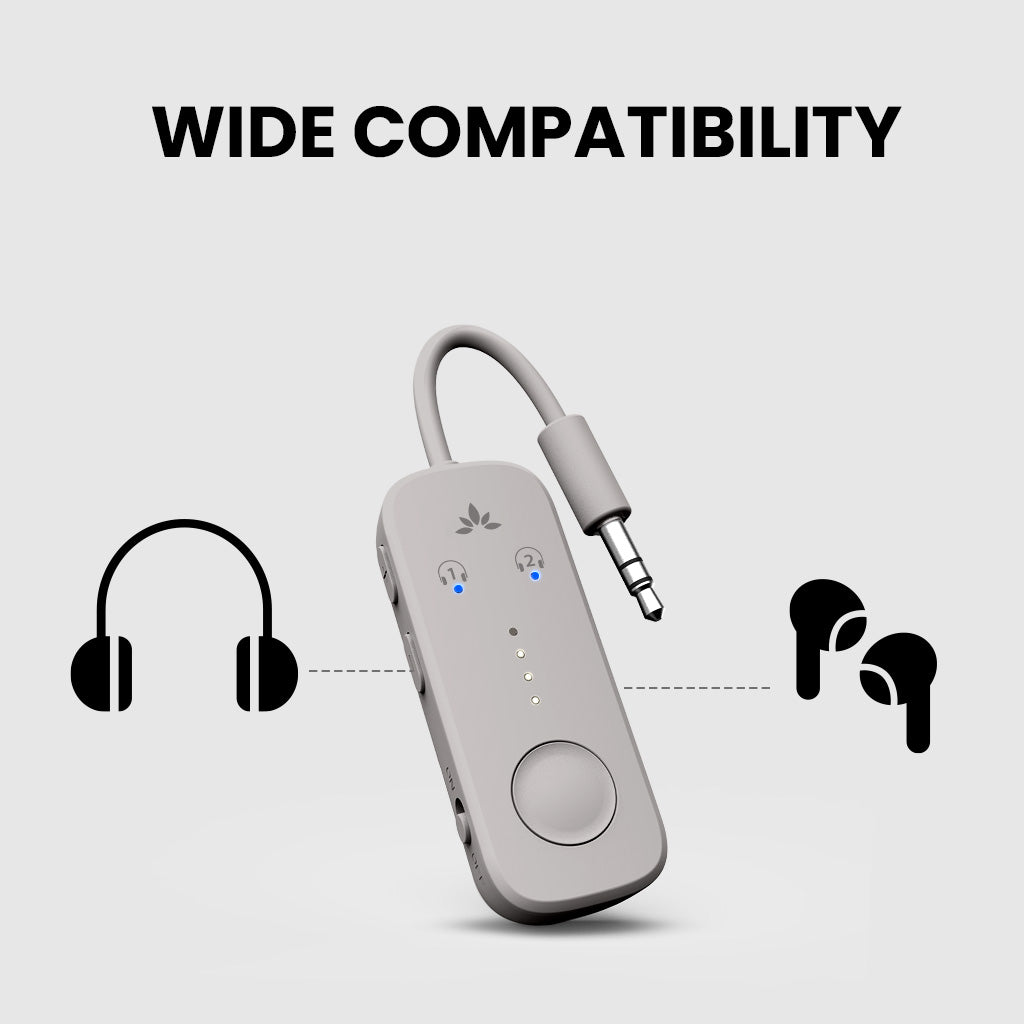 Relay Bluetooth Adapter for Airplanes, streams in-flight entertainment to AirPods, Bose, and other Bluetooth headphones.